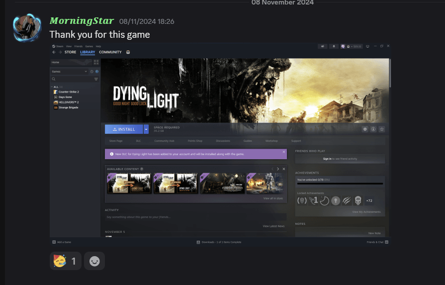 LootNova winner MorningStar with Dying Light added to their Steam library
